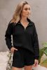Black Ribbed Zipper Sweatshirt & High Waist Shorts Set