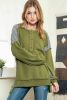 Green Striped Print Waffle Patchwork Henley Pullover Sweatshirt