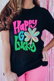 Black Happy GO Lucky Clover Graphic Crew Neck T Shirt (size: (US 16-18)XL)