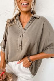 Taupe Collared Half Buttoned Dolman Sleeve Oversized Blouse (size: (US 16-18)XL)