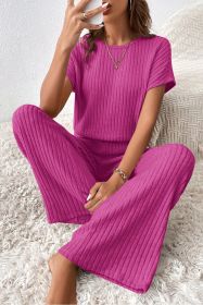 Rose Red Solid Color Ribbed Short Sleeve Wide Leg Jumpsuit (size: (US 16-18)XL)