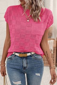 Bright Pink Lattice Textured Knit Chest Pocket Loose Blouse (size: (US 16-18)XL)