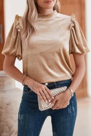 Light Beige Ruched Lantern Sleeve Elegant Blouse (size: (US 16-18)XL)