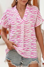 Rose Zebra Print V-Neck Roll Up Sleeve Blouse (size: (US 16-18)XL)