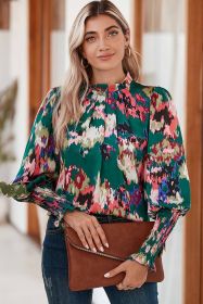 Green Abstract Print Frilled Neck Shirred Cuffs Blouse (size: (US 16-18)XL)