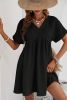 Black Folded Short Sleeve Lace V Neck Mini Dress