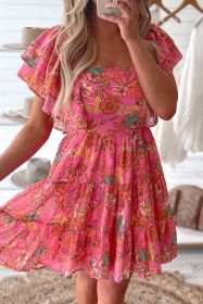 Pink Floral Print Square Neck Ruffle Sleeve Tiered Dress (size: (US 16-18)XL)