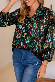 Multicolour Abstract Print 3/4 Puff Sleeve Ruffle Blouse (size: (US 16-18)XL)