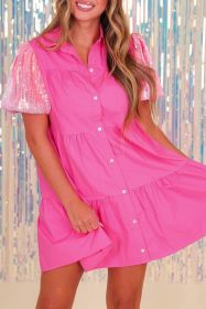 Bonbon Sequins Bubble Sleeve Tiered Mini Shirt Dress (size: (US 16-18)XL)
