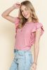 Pink Ruffle Sleeve Crewneck Ribbed Crop Top