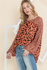 Brown Leopard V Neck Lantern Sleeve Tunic Blouse (size: (US 16-18)XL)