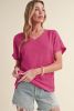 Bright Pink Basic Plain Textured V Neck T Shirt