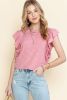 Pink Ruffle Sleeve Crewneck Ribbed Crop Top