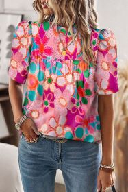 Purple Floral Print Crew Neck Short Sleeve Blouse (size: (US 16-18)XL)