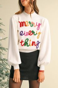 White Colorful Tinsel Merry Every Thing Graphic Mock Neck Sweater (size: (US 16-18)XL)