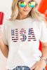 White USA Flag Sequin Graphic Patched Round Neck T Shirt