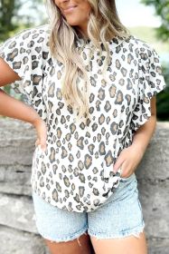 White Leopard Print Ruffle Short Sleeve Blouse (size: (US 16-18)XL)