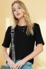Black Ribbed Splicing Short Sleeve Round Neck T-shirt