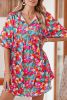 Sky Blue Boho Floral Print V Neck Lantern Sleeve Babydoll Dress
