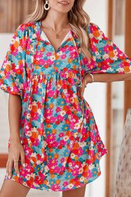 Sky Blue Boho Floral Print V Neck Lantern Sleeve Babydoll Dress (size: (US 16-18)XL)