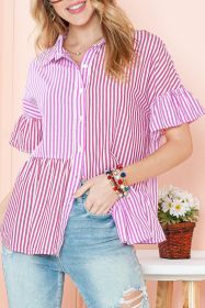 Pink Striped Patchwork Ruffle Button Up Blouse (size: (US 16-18)XL)