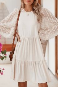 Beige Swiss Dot Lantern Sleeve Mini Tiered Dress (size: (US 16-18)XL)