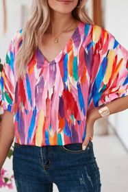 Multicolor Watercolor Abstract Print V Neck Blouse (size: (US 16-18)XL)