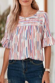 White Abstract Print Ruffle Half Sleeve Blouse (size: (US 16-18)XL)