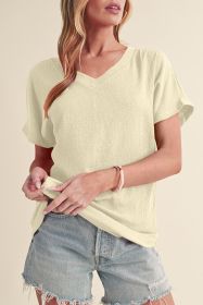 Apricot Solid Color Crinkled V Neck T Shirt (size: (US 16-18)XL)
