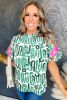 Blackish Green Abstract Floral Print Frilled Neck Puff Sleeve Blouse