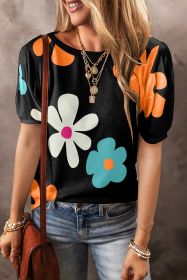 Black Colorful Flower Print Bubble Sleeve Tee (size: (US 16-18)XL)