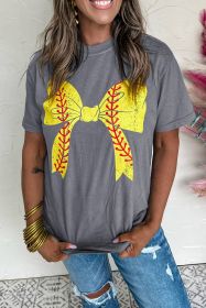 Gray Casual Baseball Bowknot Graphic Roll Up Sleeve Tee (size: (US 16-18)XL)