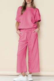 Strawberry Pink Textured Loose Fit T Shirt & Drawstring Pants Set (size: (US 16-18)XL)