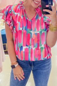 Rose Abstract Print Ruffled Short Sleeve Frill V Neck Blouse (size: (US 16-18)XL)