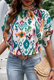 Multicolor Abstract Print Knot Back Half Sleeve Blouse (size: (US 16-18)XL)