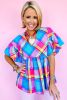 Sky Blue Colorful Plaid V Neck Ruffled Babydoll Blouse