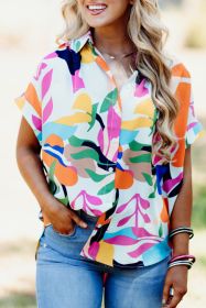Multicolour Abstract Leaf Print Button Up Short Sleeve Blouse (size: (US 16-18)XL)