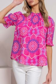 Rose Floral Print Frill Neck Smocked Cuffs Blouse (size: (US 16-18)XL)