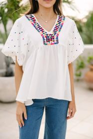 White Colorful Geometric Print V Neck Babydoll Blouse (size: (US 16-18)XL)