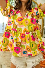 Green Floral Print Puff Sleeve Peplum Blouse (size: (US 16-18)XL)