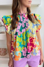 Multicolor Abstract Print Layered Ruffle Sleeve Pleated Blouse (size: (US 16-18)XL)