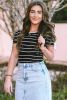 Black Striped Drawstring Sleeve Knitted T Shirt
