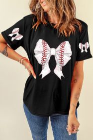Black Casual Bow Tie Print Baseball Graphic Tee (size: (US 16-18)XL)
