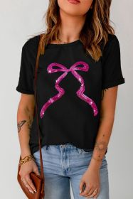 Black Sequin Bow Knot Graphic Roll Up Sleeve T Shirt (size: (US 16-18)XL)