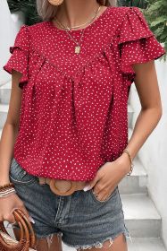 Fiery Red Spotted Print Pleated Ruffle Sleeve Blouse (size: (US 16-18)XL)