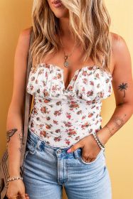 White Floral V Cut Frilled Trim Spaghetti Straps Bodysuit (size: (US 16-18)XL)