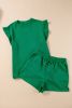 Dark Green Textured Ruffle Split Top and Drawstring Shorts Set