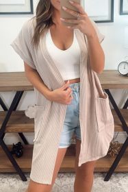 Parchment Ribbed Pocketed Short Sleeve Open Front Cardigan (size: (US 16-18)XL)