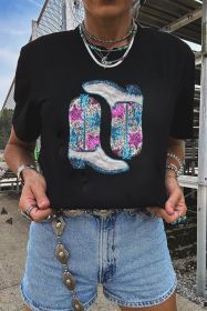 Black Sequin Boots Stars Graphic Round Neck T Shirt (size: (US 16-18)XL)