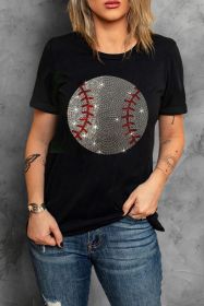 Black Rhinestone Baseball Graphic Round Neck T Shirt (size: (US 16-18)XL)